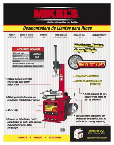 MIKELS Desmontadora de Llantas (rin 12” a 24”) : : Automotriz  y Motocicletas