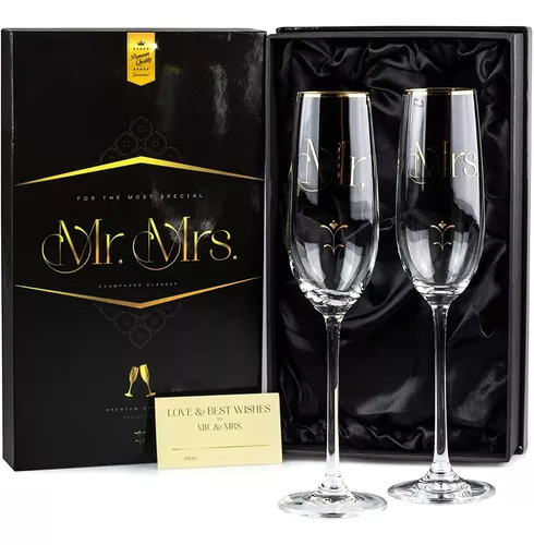 Mr and Mrs - Copas de champán con tallo largo, vidrio para brindis de novia  y novio, elegante juego …Ver más Mr and Mrs - Copas de champán con tallo