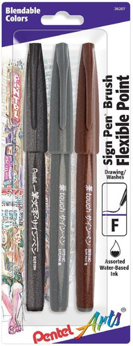 Pentel Arts Sign Pen Touch, Fude Brush Tip, Black/grey/sepia