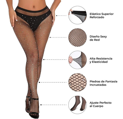 Imagen 2 de 5 de Medias Mallas De Red Pedreria Encaje Brillos Mujer Sexy