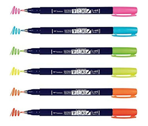 Tombow 56437 Fudenosuke Neon Brush Pen, Paquete De 6. Rotula