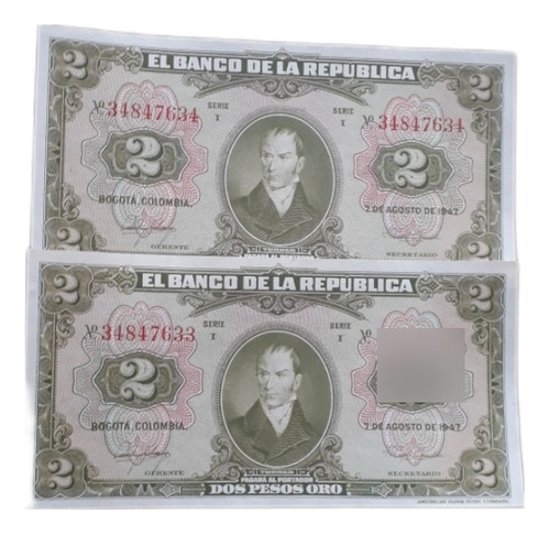 Colombia Duo Consecutivos 2 Pesos Oro 1947 Sin Circular Unc.