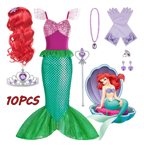 Disfraz De Halloween, Vestido De Princesa Ariel Y Accesorios