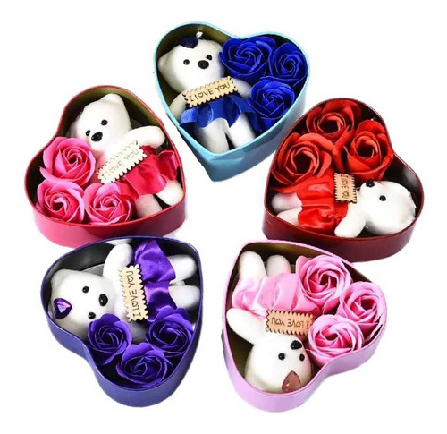 5 Piezas Corazon Metalico 3 Rosas De Jabón Y Oso Mayoreo