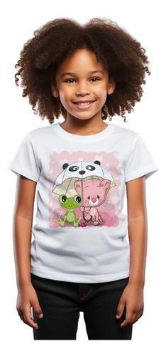 Camiseta Infantil Feminina Sf2 Gato Sapo Panda Guarda Chuva