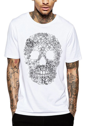 Polera Floral Skull Calavera Blanca