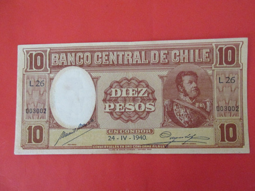 Billete Chile 10 Pesos Firmado Mora-meyerholz Año 1940