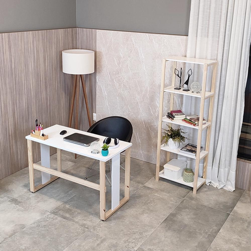 Mesa de estudio y estantería para oficina en casa con estantes de madera blancos