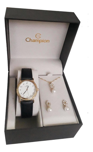 Kit Relógio Feminino Champion Cn28026w Caixa Dourada Casual
