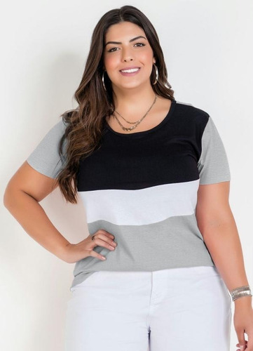 Imagem 6 de 6 de Blusa Feminina Mangas Curtas Tricolor T-shirt Plus Size