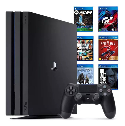 Playstation 4 Pro 1tb Ps4 Pro 1 Controle + 2 Jogos + 1 Quadro Decorativo Preto (Recondicionado)