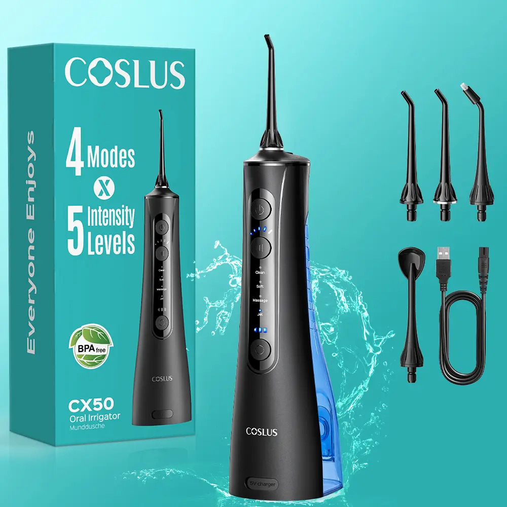 COSLUS Irrigador Bucal, Irrigador Dental Profesional con 4 boquillas, 4 modos, 5 niveles, 20 modos ajustables, limpiador bucal portátil recargable, water flosser, ideal para familia y viaje