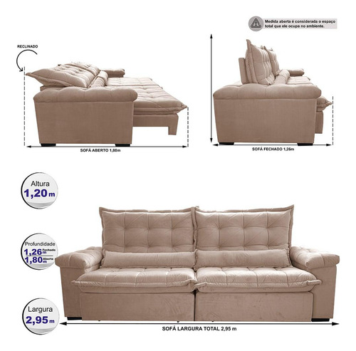 Sofá Retrátil 2,95m Cama Inbox Big Fresh. Com Softgel d40 Cor Bege