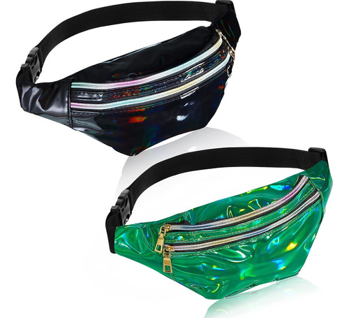 Cangurera Holográfica De Color Metálico, 2 Color Verde Y Negro Diseño De La Tela Metalico