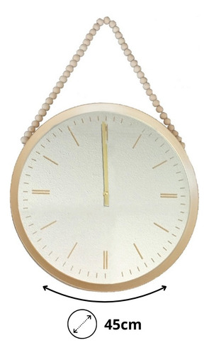 Reloj De Pared Analogico 45cm Espejo Con Soga Perlas Madera