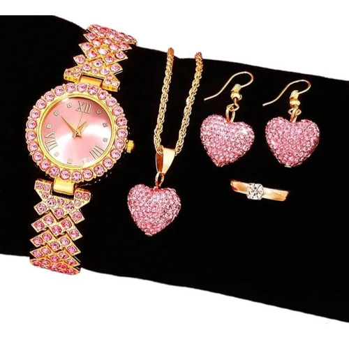 Set Reloj Para Mujer Corazones Fucsia Con Collar Aretes Rel