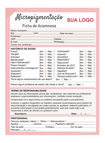Imagem 2 de 4 de Kit Ficha Micropigmentação Personalizada + Cuidados Cliente