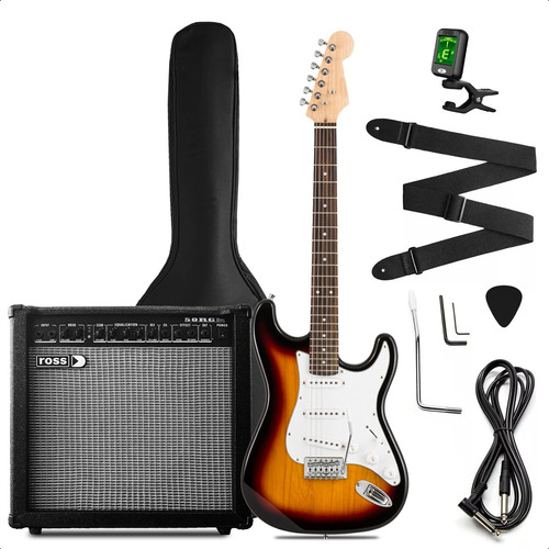 Kit Guitarra Electrica Strato Amplificador 50w Accesorios Color Sunburst Orientación De La Mano Diestro