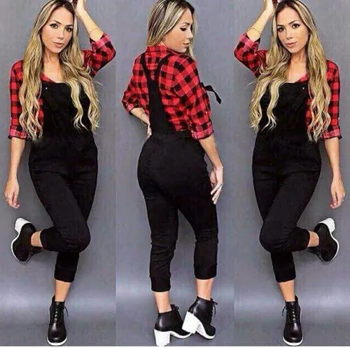 Blusa xadrez store com jardineira