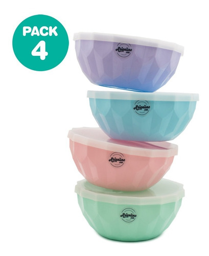 Imagen 2 de 7 de Pack 4 Bowl Grande Ensalada Postre Compotera Tapa Hermética