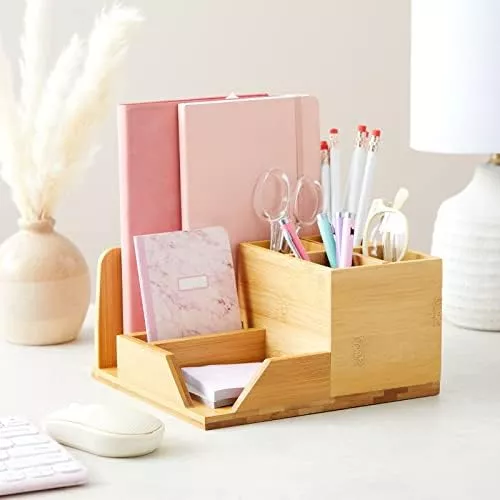 Juvale Organizador de escritorio de bambú, accesorios de escritorio de  madera, organizador de espacio de trabajo, soporte para lápices,  bolígrafos