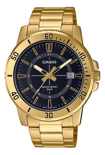 Reloj pulsera Casio MTP-VD01G-1CVUDF, analógica, para hombre, fondo negro, con correa de acero inoxidable color dorado, bisel color dorado y desplegable