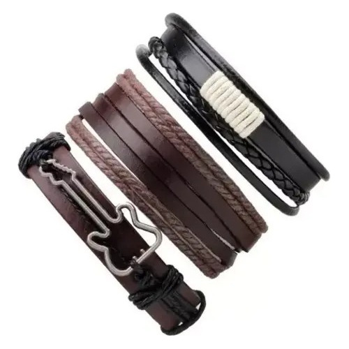 Conjunto Pulsera  Hombre Brazalete Moda Soga Cuero 3 En 1