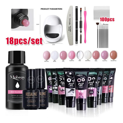 Kit De 18 Piezas De Poligel, Brocha, Solución, Lámpara, Base