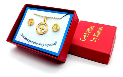 Imagen 1 de 4 de Juego Collar Y Aretes Diseño Cruz Chapa De Oro 22k M3134