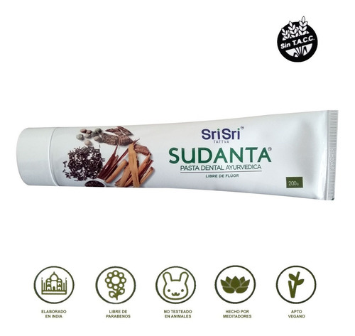 Imagen 5 de 5 de Pasta Dental Sudanta Sri Sri Natural Vegan Libre Fluor 200gr