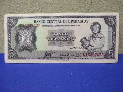 Billete De Cinco Guaranies Ley N° 18 Del 25 De Marzo De 1952 (Usado)