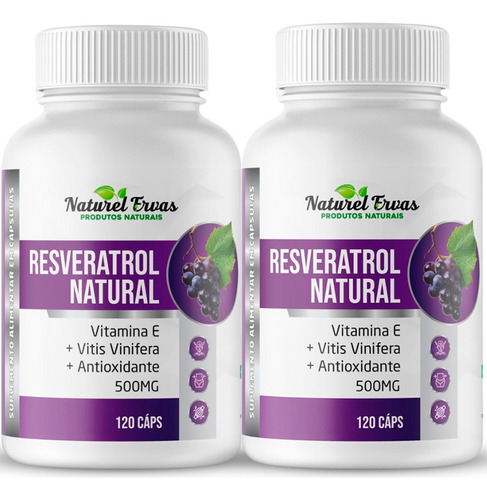 2 Potes Legítimo Resveratrol 240 Cápsulas 500mg 100% Natural Sabor Sem Sabor