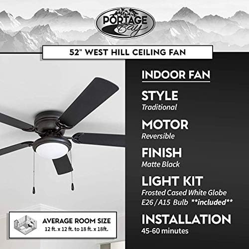 Ventilador De Techo West Hill Portage Bay Hugger 52 Negro Ma