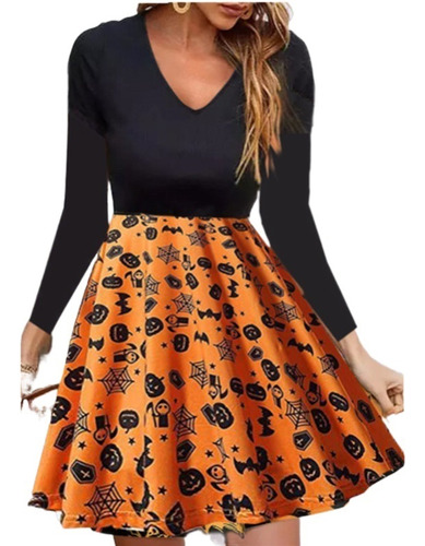 Vestido Dama Midi Estampado Calabazas De Halloween