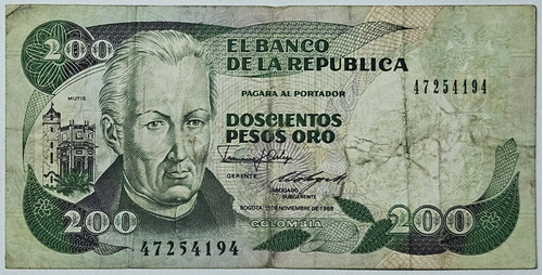 Billete 200 Pesos 01/nov/1988 Colombia Vf