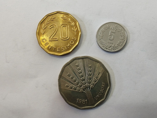 3 Monedas De Uruguay 20 Centésimos 2-5 Pesos (bb118 (Usado)