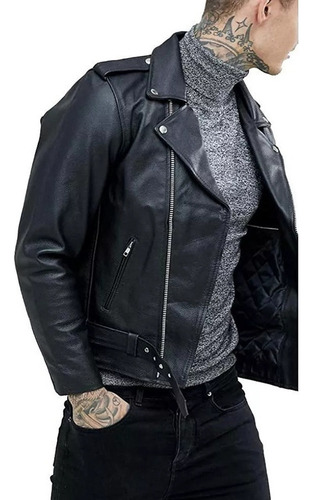 Chaqueta De Cuero De Solapa De Locomotora Punk Para Hombres