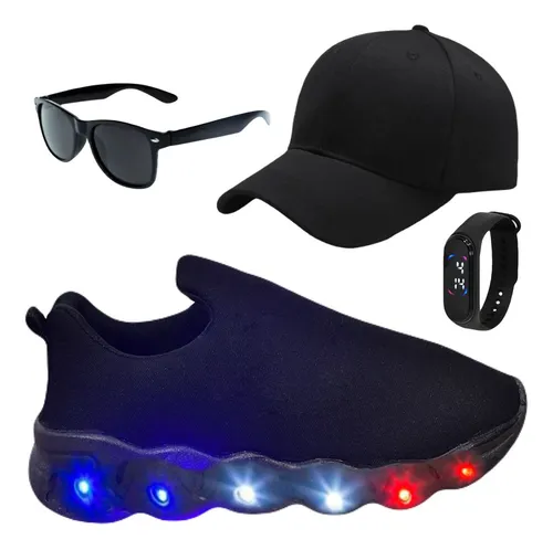 comprar Tênis Infantil Led Masculino Slip On + Boné Relógio Óculos