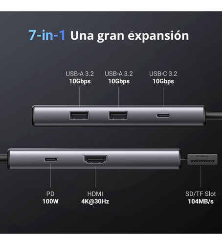 Hub Usb-c 7 En 1 Cm498 Ugreen 2 Usb-a, 2 Usb-c, 1 Hdmi 4k/60
