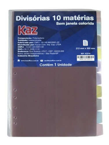 Divisoria Para Fichario Universitario 10 Div. Pvc Cores 