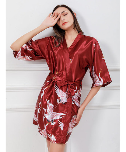 Bata Tipo Kimono Para Mujer, Bata Con Estampado Crane Blosso