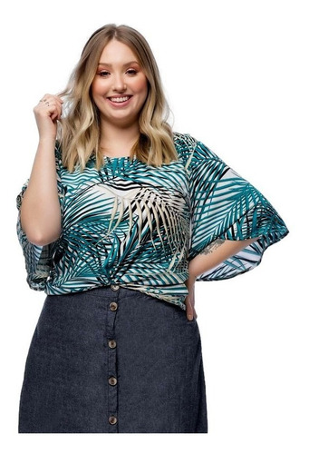 Imagem 1 de 9 de Blusa Feminina Plus Size Estampa Folhagem Manga Ampla 3/4
