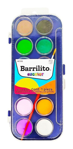 Acuarela Escolar Barrilito Con 12 Colores Y Pincel (1 Pz)