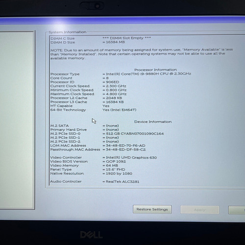 Dell Precision 7540 Workstation Intel I9 9na 512 Ssd 32 Ram Plateado (Usado)