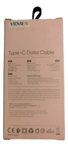 Cable Tipo C Usb 1 Metro Vidvie Dc01t