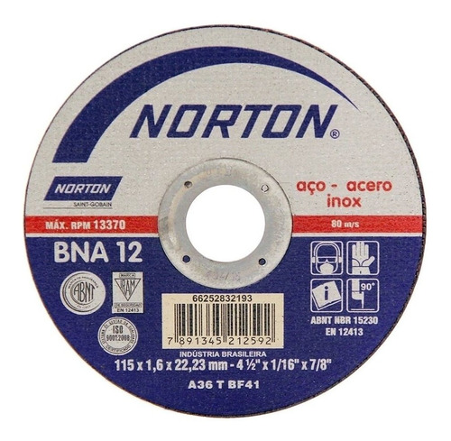 Disco de corte Emba azul Norton Bna12 4.1/2p, 115 x 1,6 x 22,23 mm
