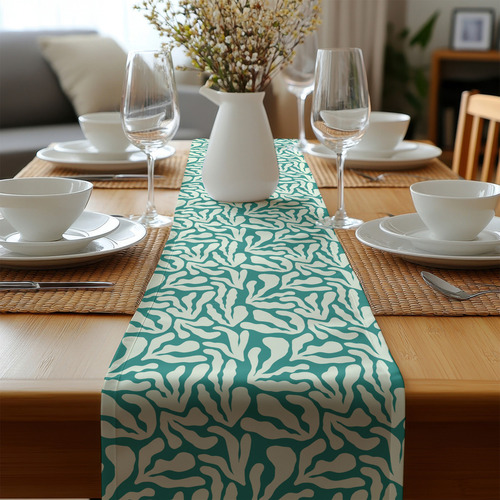 Caminos De Mesa Modernos Botanico Hojas Lino Curri 180x35 Cm Color Lino Curri Blanco Verde