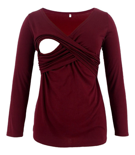 Top De Lactancia De Manga Larga Liso Con Cuello En V Y Volan