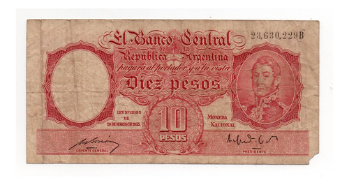 Billete Argentina 10 Pesos Moneda Nacional Bottero 1941