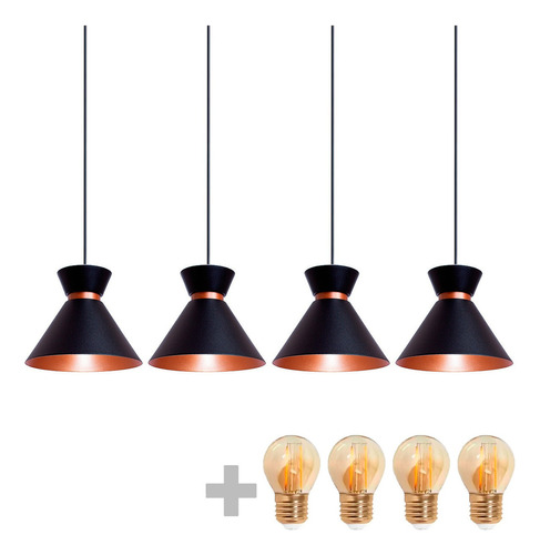 Kit 4 Pendente Berlin 15cm Preto + Led Retrô Vintage Moderno Cor Preto Voltagem 110v/220v Iluminar Ambiente